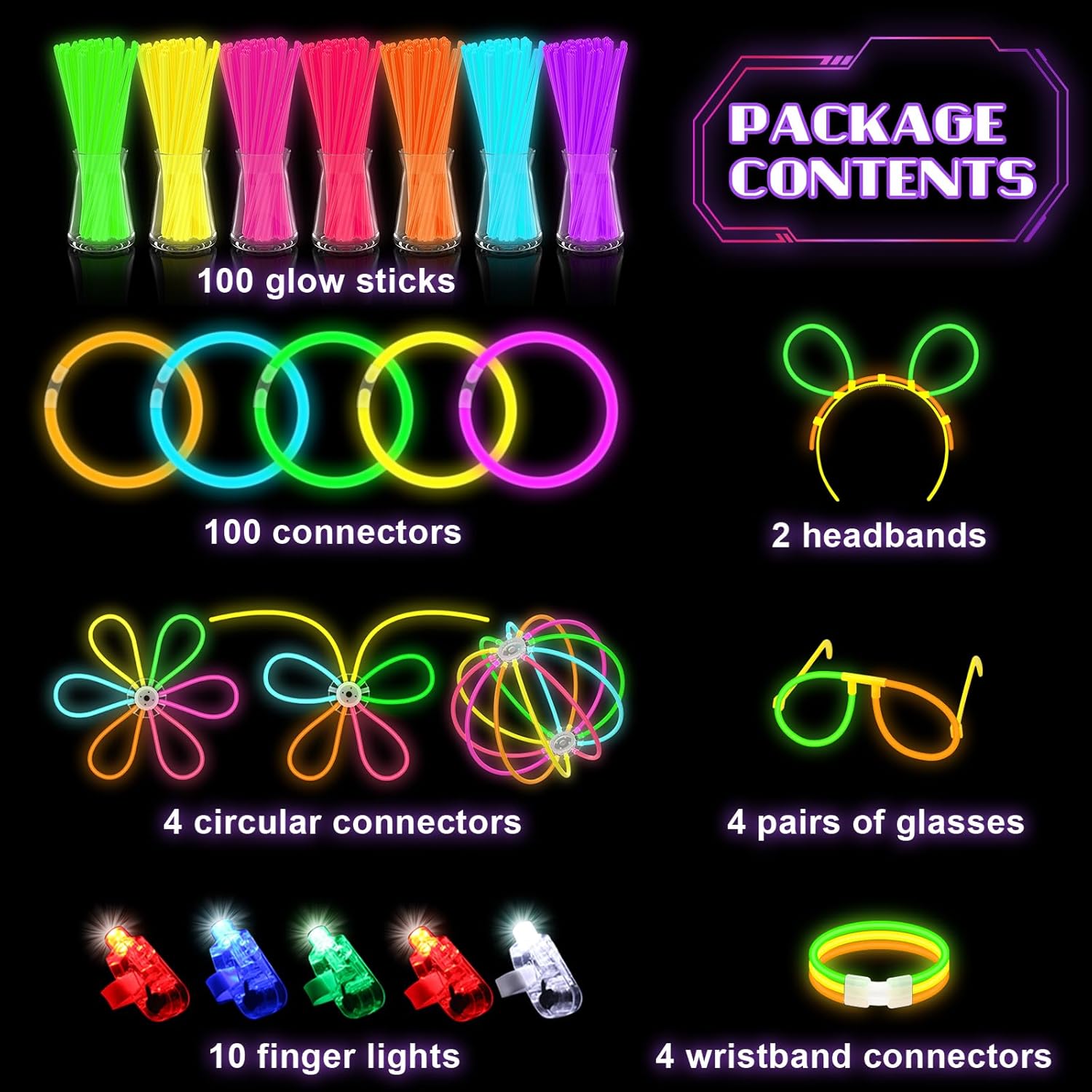 Christmas Ultra Bright 224 Piece Luminous Stick Party Bag, Children's Neon Luminous Stick Party Set, Night Light Party Supplies With Luminous Bracelet Connector, Glasses, Party Decoration Flowers-4