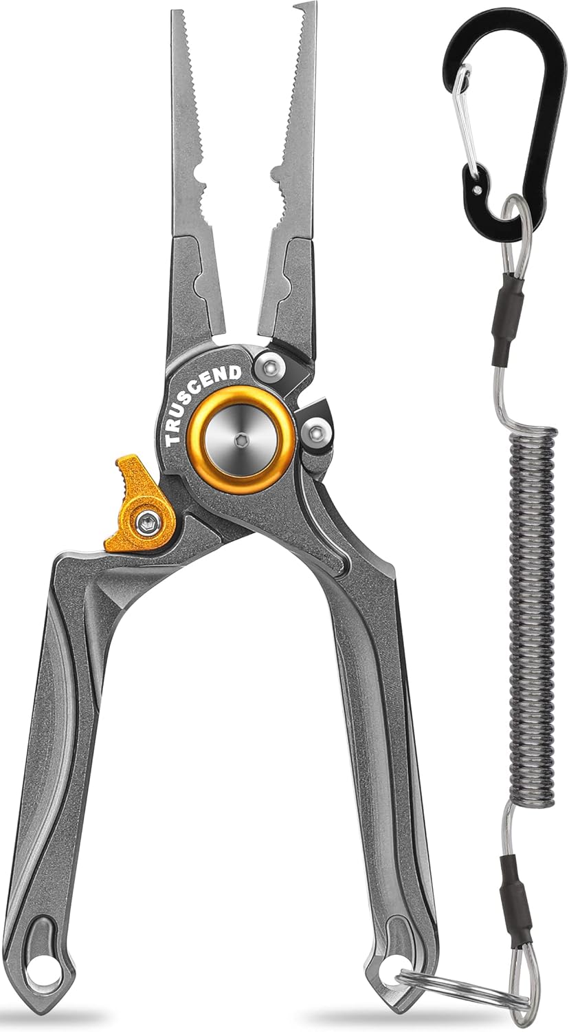 TRUSCEND Lockable Handy Fishing Pliers with Innovative Ergonomical Handle, Corrosion Saltwater Resistant Teflon Coated Fishing Tool, Multi-Function Fishing Gear with Mo-V Cutter, Amazing Fishing Gifts-0