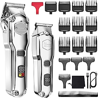 Hatteker Hair Clipper & Trimmer Set for Men IPX7 Waterproof Cordless Barber Clipper for Hair Cutting Kit with T-Blade Trimmer Beard Trimmer Kids Clipper Professional USB Rechargeable (Silver)