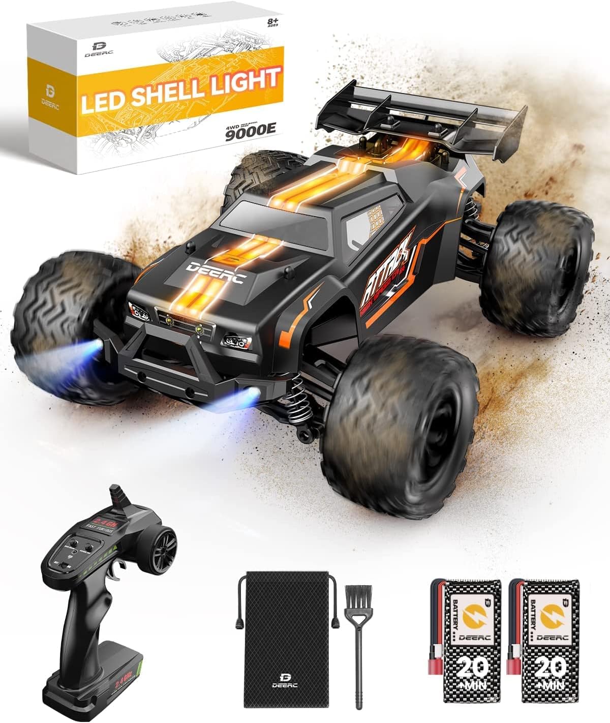 DEERC Remote Control Car 1:14, 4WD RC Car 25 MPH with LED Light, 2 Battery 40 Minutes Running Time, 2.4 GHz Remote Control Offroad Truggy Toy Gift for Adults and Kids (9000E)-0