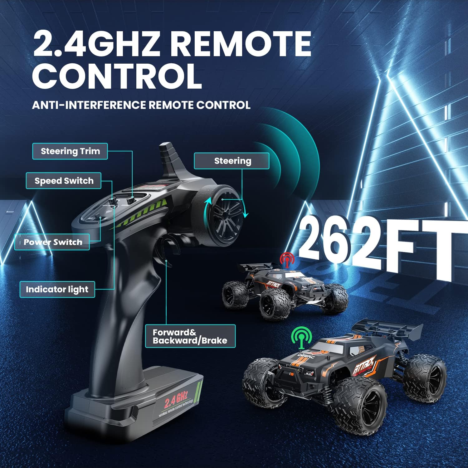 DEERC Remote Control Car 1:14, 4WD RC Car 25 MPH with LED Light, 2 Battery 40 Minutes Running Time, 2.4 GHz Remote Control Offroad Truggy Toy Gift for Adults and Kids (9000E)-3