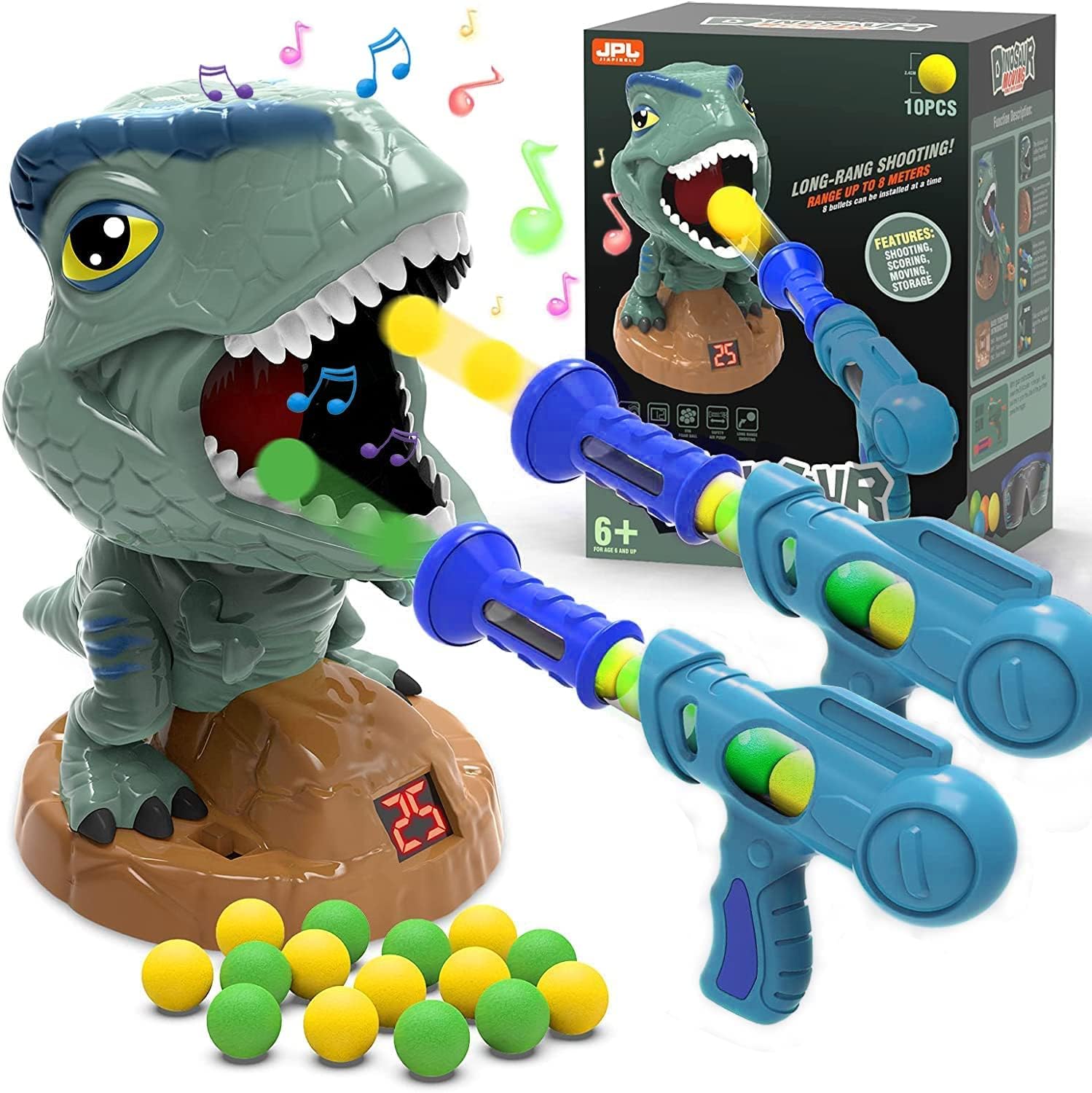 NATTHSWE Moving Dinosaur Shooting Game, Shooting Games for Kids 2 Air Toy Gun 20 Foam Balls with Sound Score Recorder for 6 7 8 9 +Age Boys Girls Toy Children's Birthday Gift-0