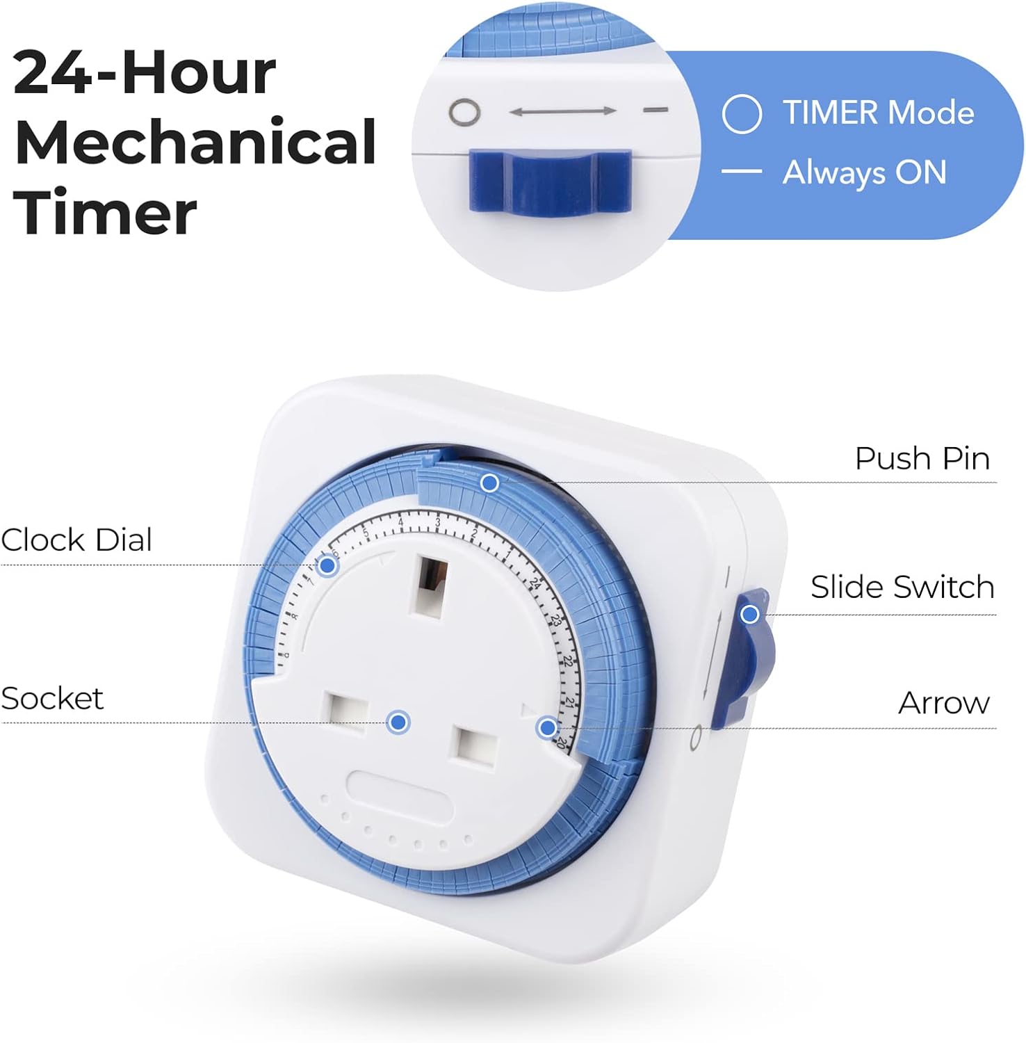 HBN Mechanical Timer Plug Socket, 24 Hour Programmable Energy Saving Compact UK Plug-in Indoor Timer Socket for Lights, Lamp and Home Appliances (13A/3120W, 3 Pack)-4