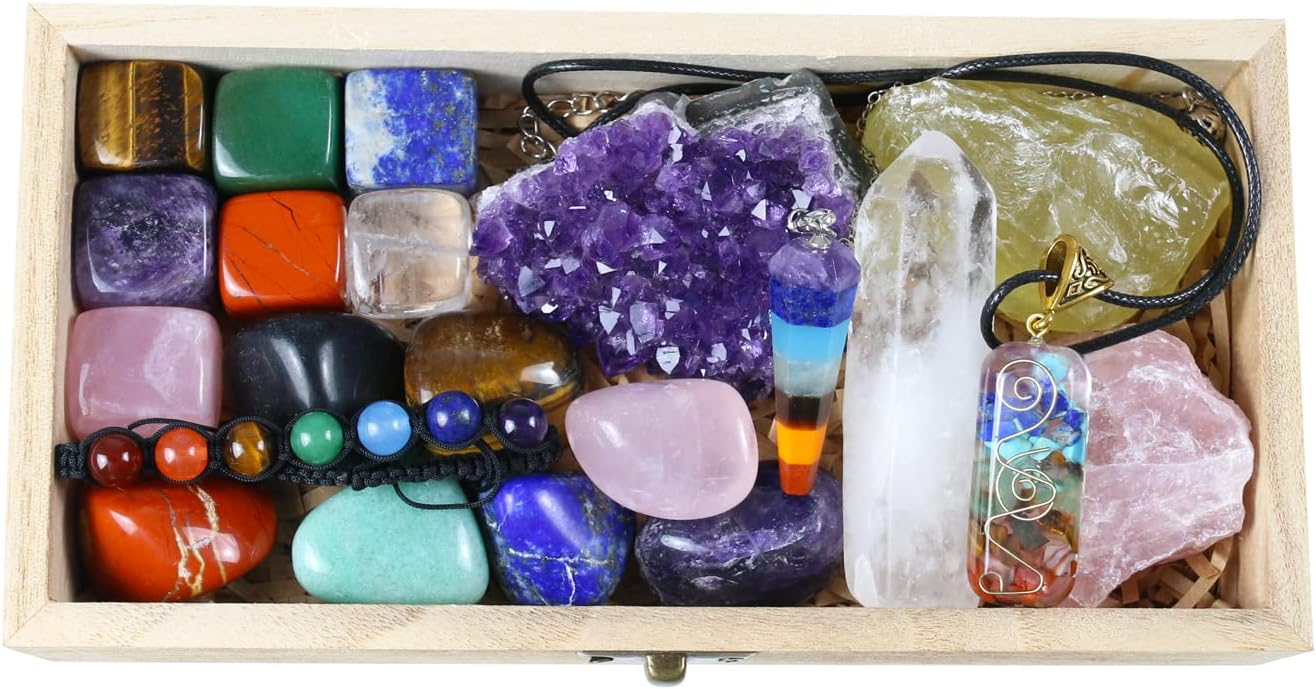 Nvzi Premium Crystals and Healing Stones Set in Wooden Display Box, Gemstones and Crystals Kit, 7 Chakra Stones, Raw Crystals for Beginners, Witchcraft Supplies and Tools, Spiritual Gifts for Women-0