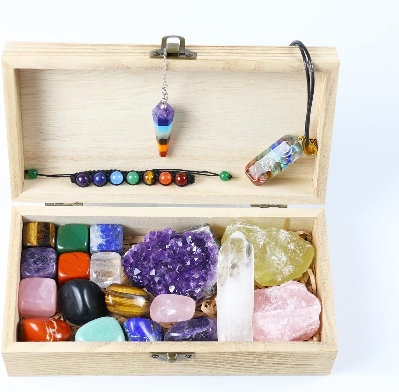 Nvzi Premium Crystals and Healing Stones Set in Wooden Display Box, Gemstones and Crystals Kit, 7 Chakra Stones, Raw Crystals for Beginners, Witchcraft Supplies and Tools, Spiritual Gifts for Women-1