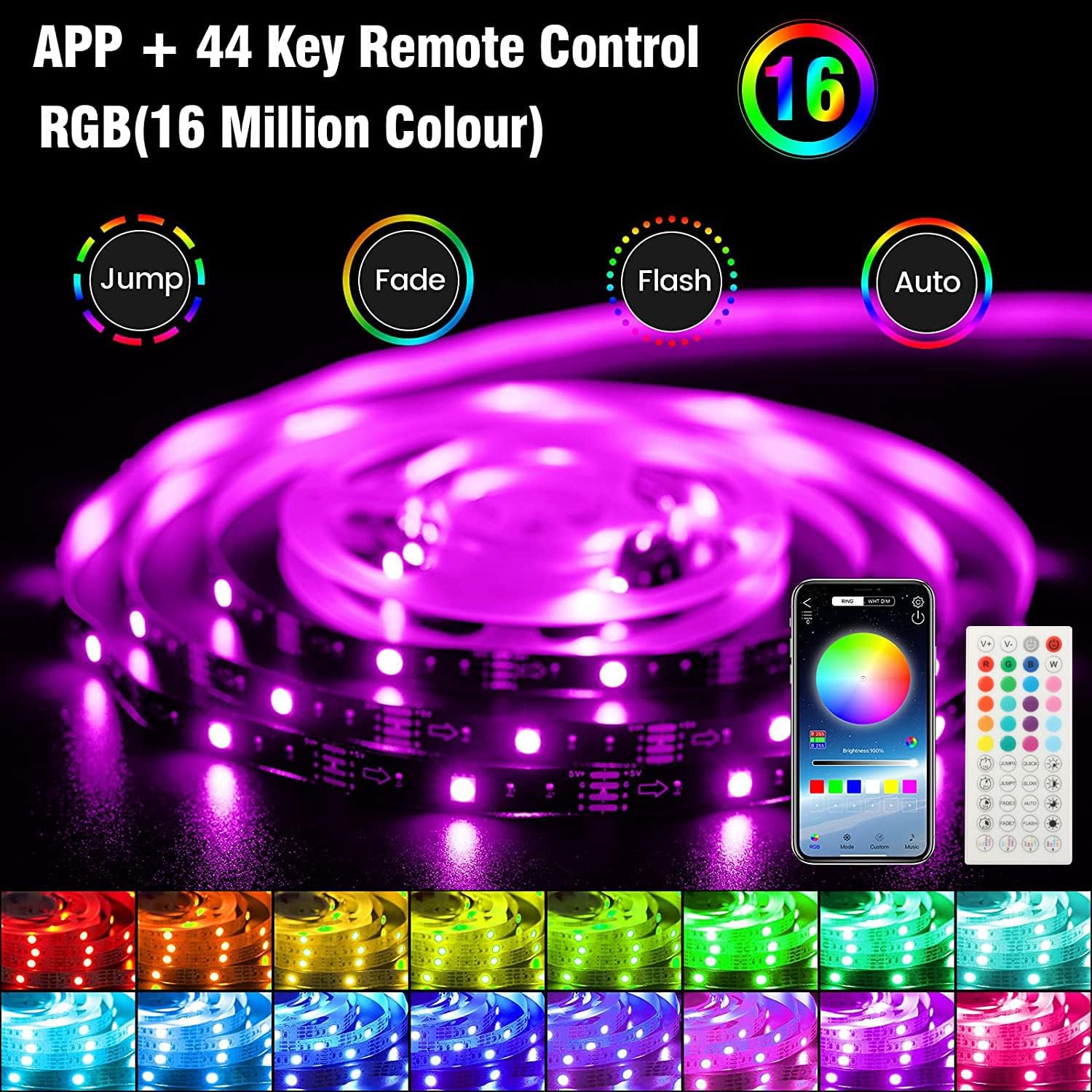 Enteenly 5m RGB LED Strip, USB Operation, App & Remote Control, Suitable for 55-75 Inch TVs & PC, Indoor Usage, 90 LED Lamp Beads-1