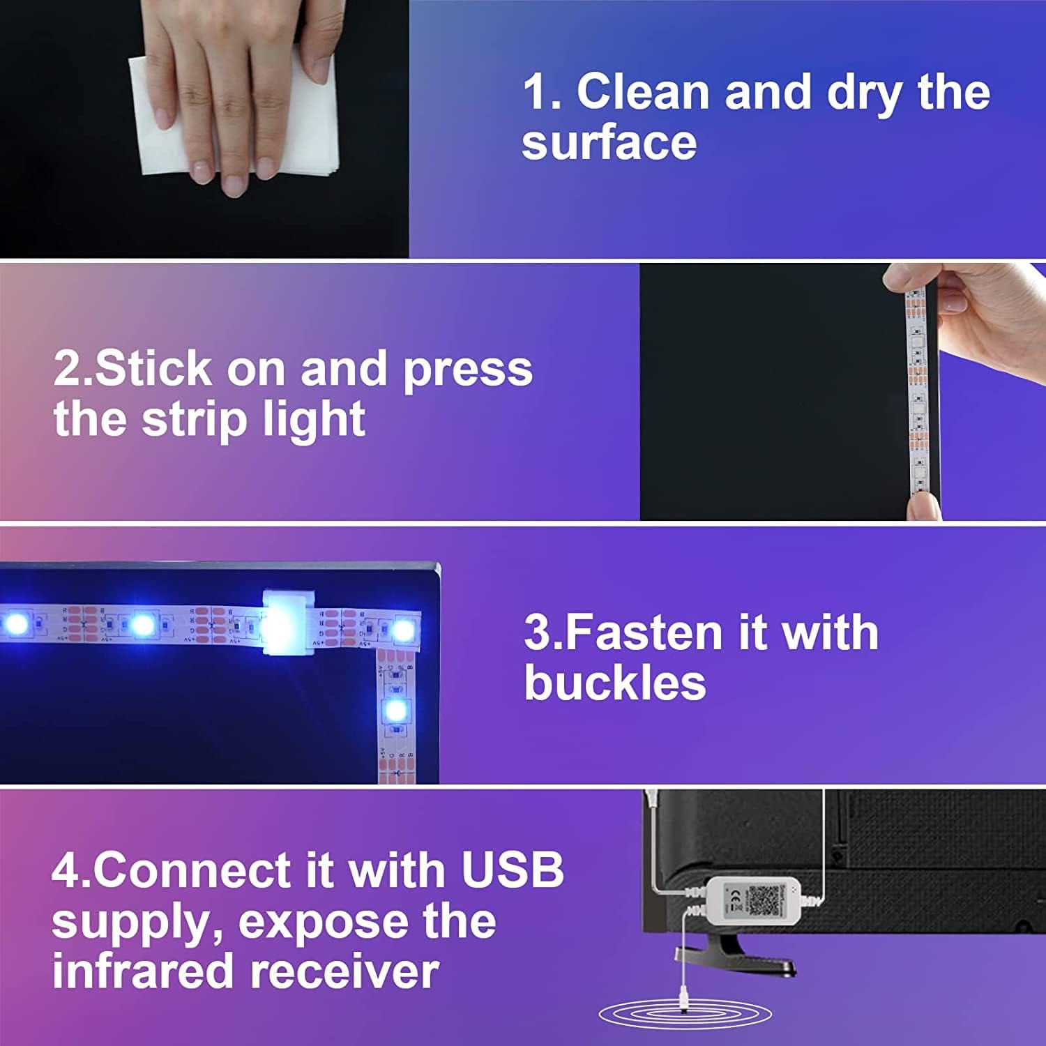 Enteenly 5m RGB LED Strip, USB Operation, App & Remote Control, Suitable for 55-75 Inch TVs & PC, Indoor Usage, 90 LED Lamp Beads-3