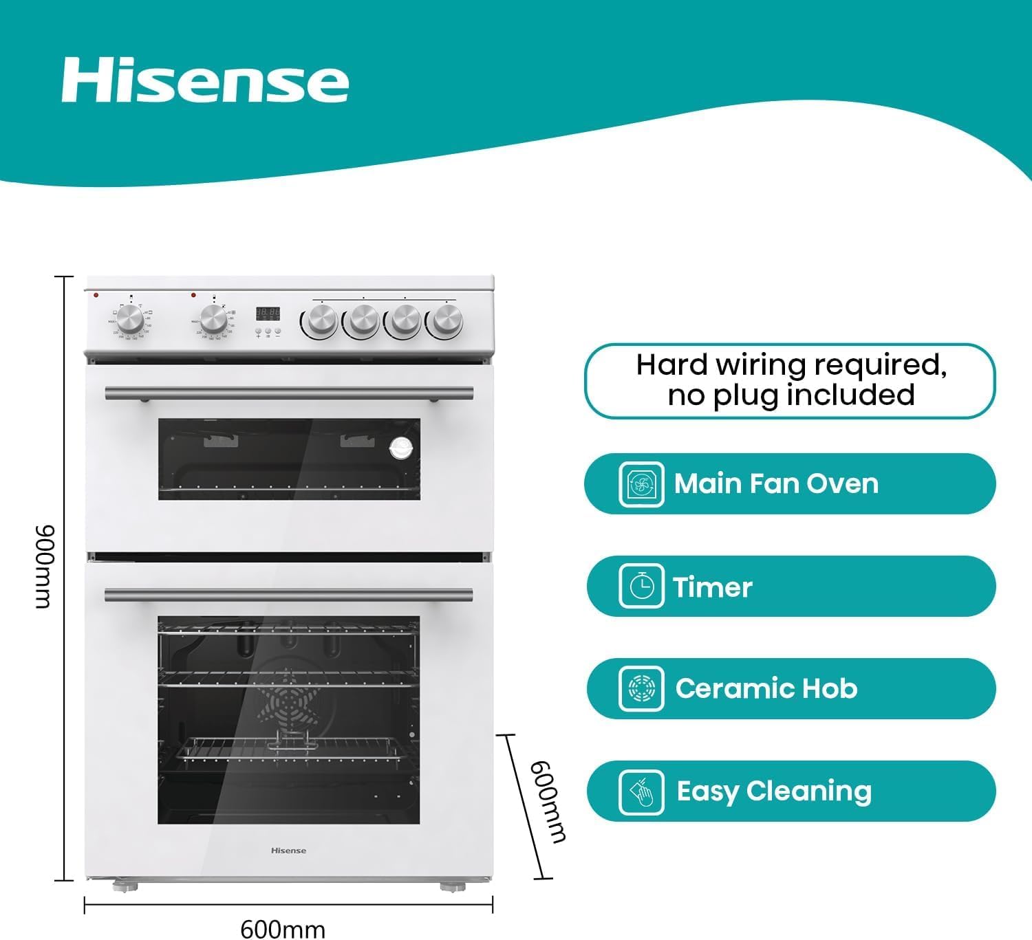 Hisense HDE3211BWUK 60cm Electric Cooker with Ceramic Hob-White A Rated Double Oven - White-1