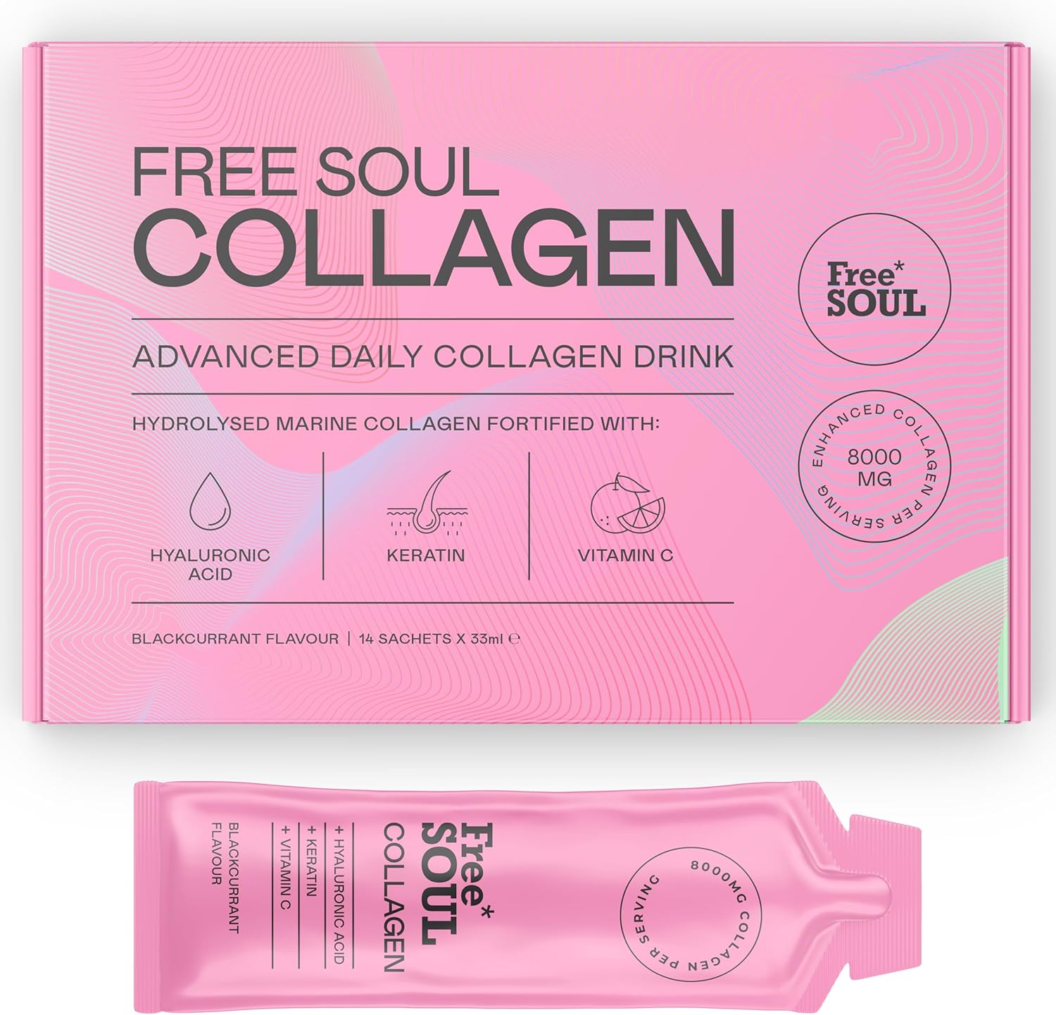 Marine Collagen Liquid 8000mg with Hyaluronic Acid, Keratin, & Vitamin C, 14 x 8000mg Hydrolysed Collagen Peptides Sachets, High Absorption Collagen Liquid Supplement by Free Soul-0