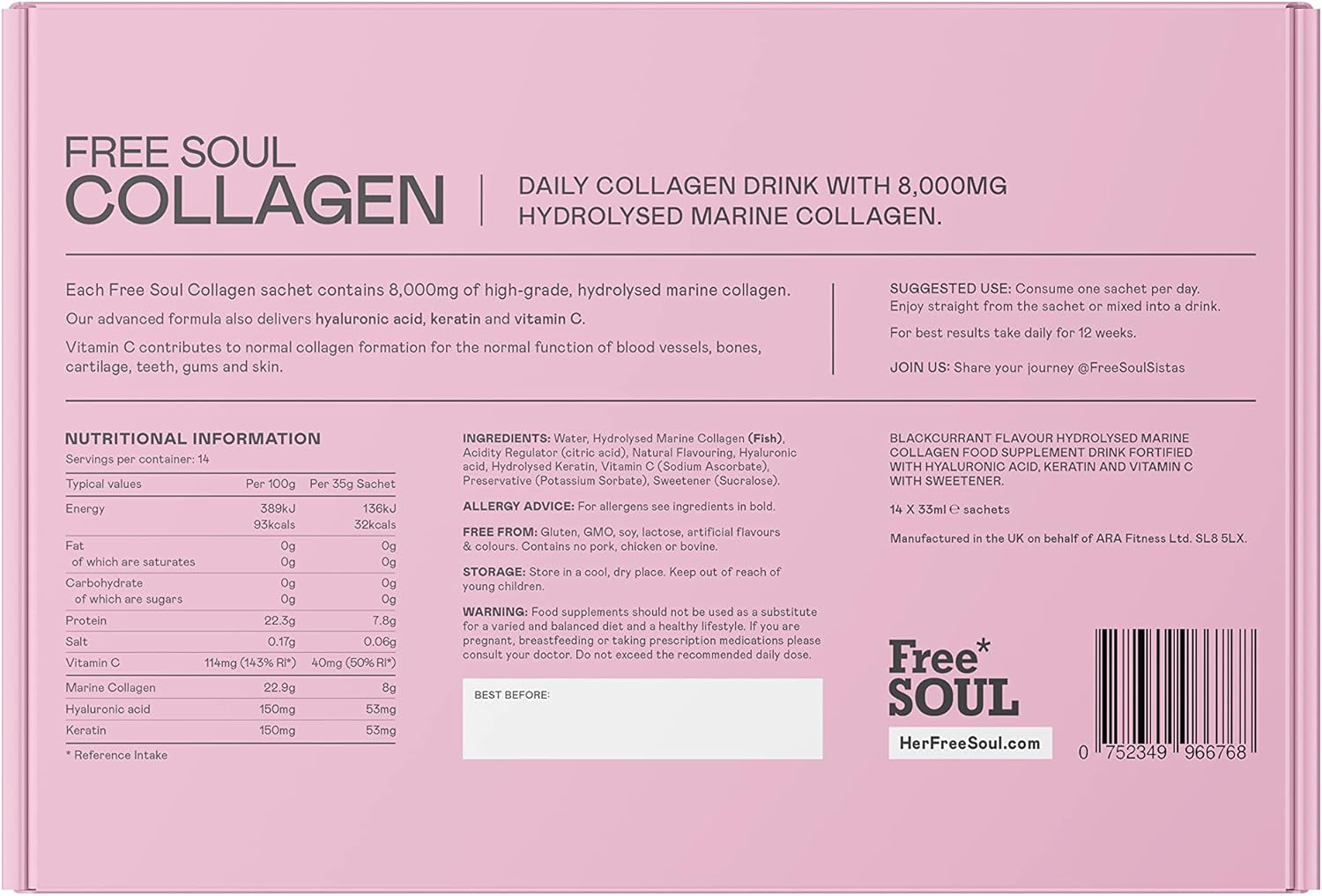 Marine Collagen Liquid 8000mg with Hyaluronic Acid, Keratin, & Vitamin C, 14 x 8000mg Hydrolysed Collagen Peptides Sachets, High Absorption Collagen Liquid Supplement by Free Soul-8