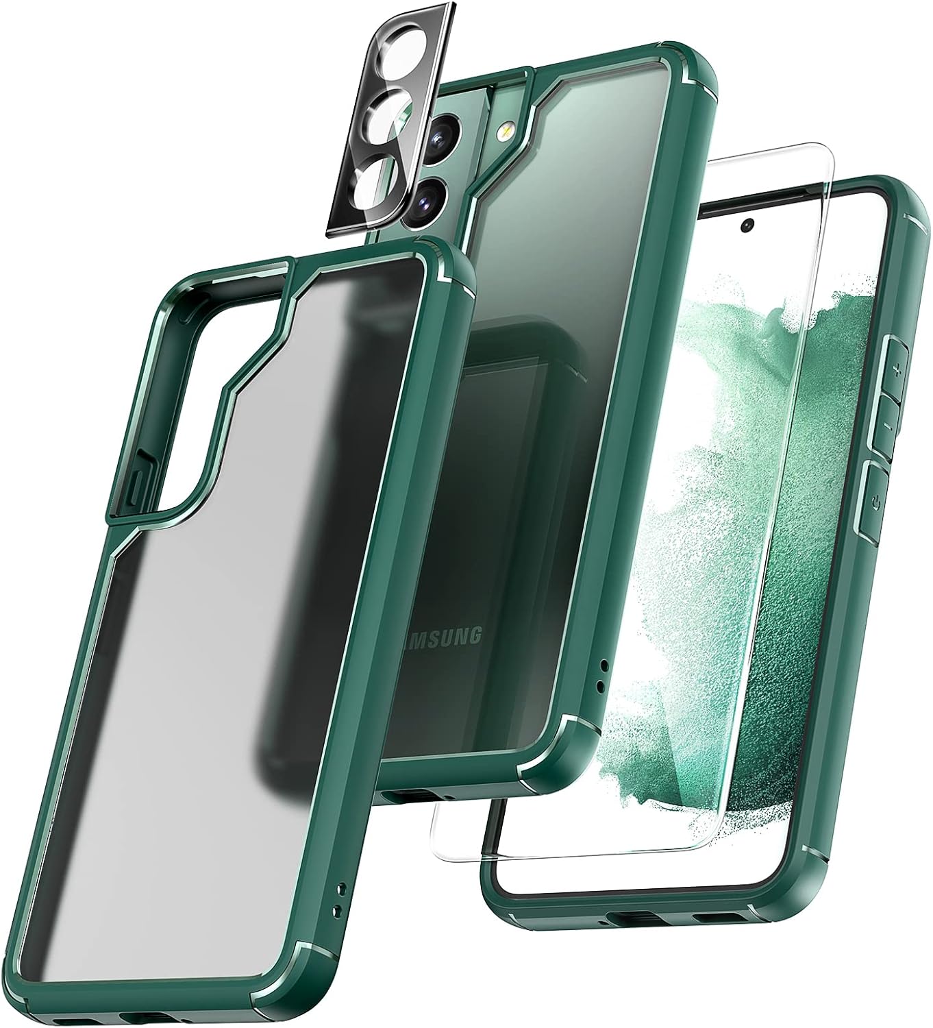 TOCOL 5 in 1 for Samsung Galaxy S22 Case 6.1 Inch, with 2 Pack Screen Protector + 2 Pack Camera Lens Protector, Translucent Matte Back [Military Grade Protection] Shockproof Slim for S22 Case, Green-0