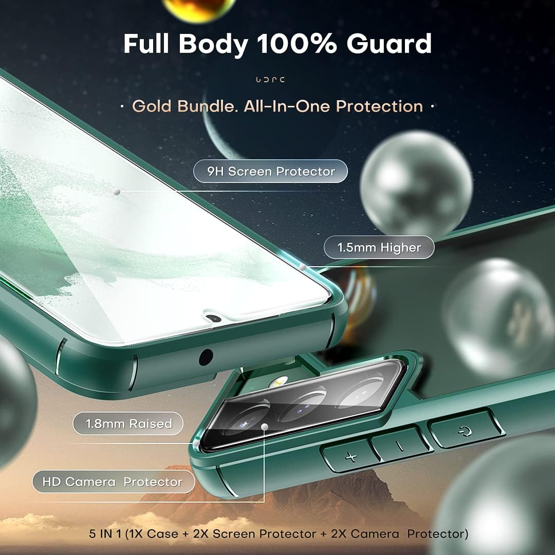 TOCOL 5 in 1 for Samsung Galaxy S22 Case 6.1 Inch, with 2 Pack Screen Protector + 2 Pack Camera Lens Protector, Translucent Matte Back [Military Grade Protection] Shockproof Slim for S22 Case, Green-3