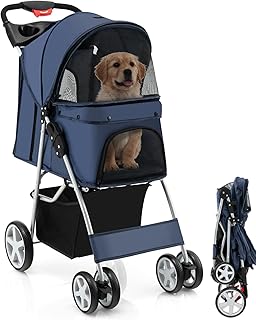 Maxmass Travel Pet Stroller, Foldable Small Medium Sized Dog Cat Trolley with Storage Basket, Safety Belt and Cup Holder, 4 Wheels Puppy Pushchair (Blue)