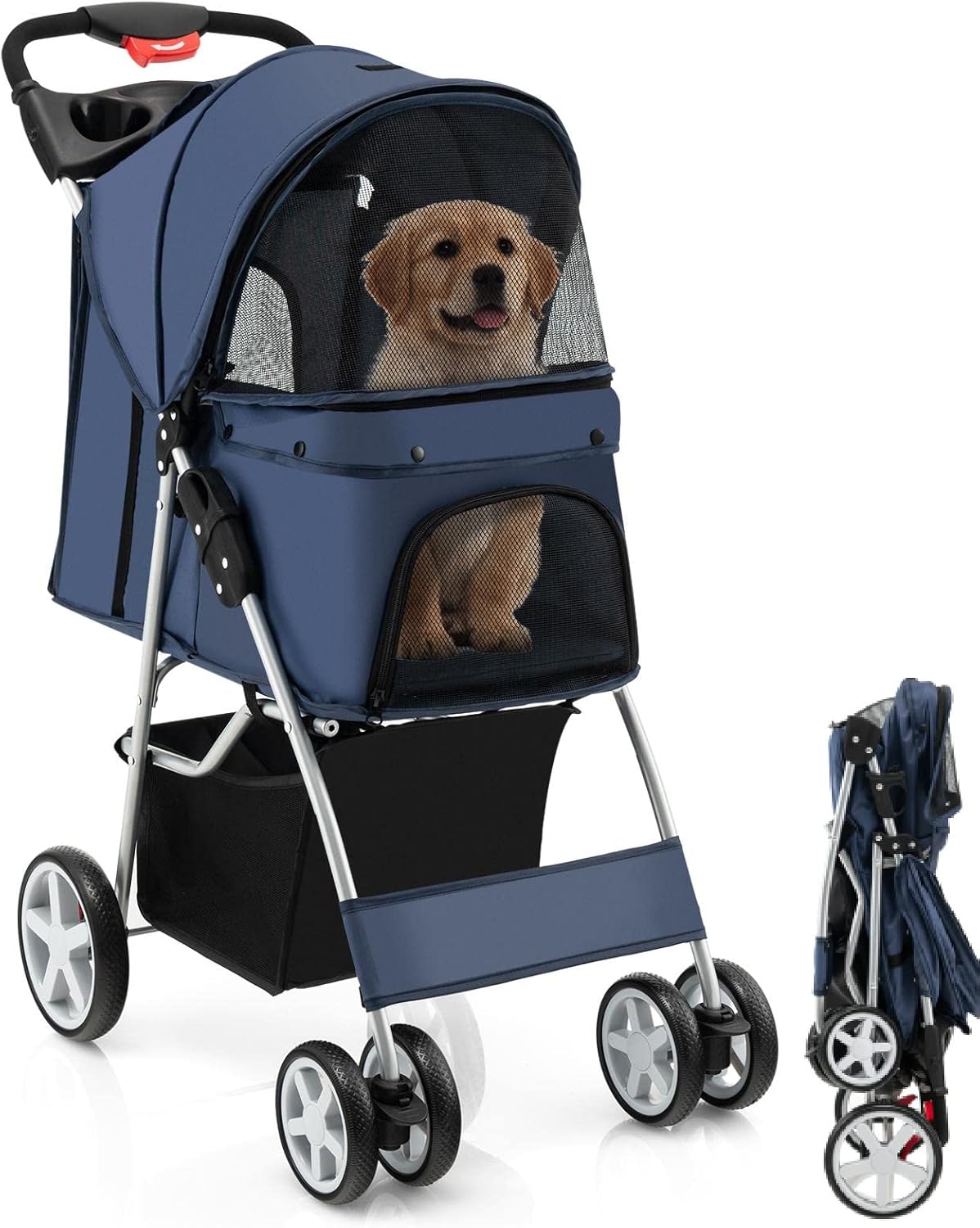 Maxmass Travel Pet Stroller, Foldable Small Medium Sized Dog Cat Trolley with Storage Basket, Safety Belt and Cup Holder, 4 Wheels Puppy Pushchair (Blue)-0