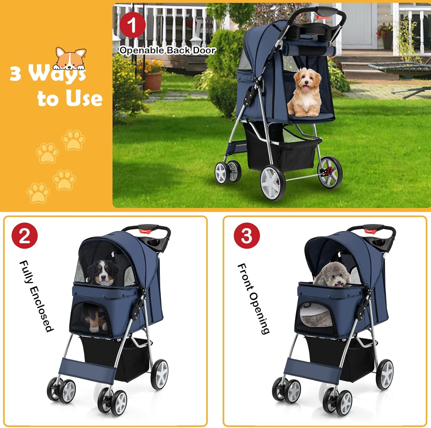 Maxmass Travel Pet Stroller, Foldable Small Medium Sized Dog Cat Trolley with Storage Basket, Safety Belt and Cup Holder, 4 Wheels Puppy Pushchair (Blue)-1