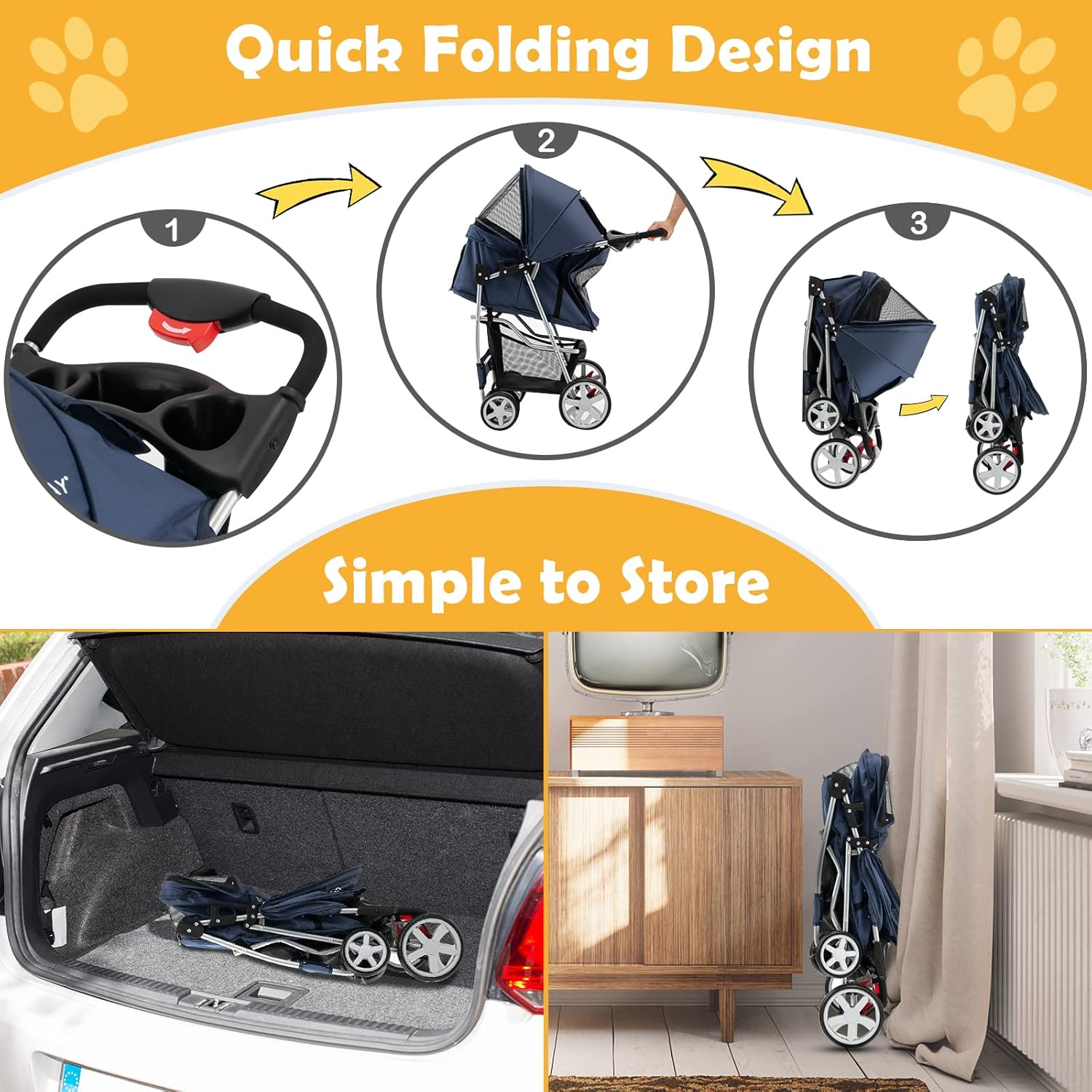 Maxmass Travel Pet Stroller, Foldable Small Medium Sized Dog Cat Trolley with Storage Basket, Safety Belt and Cup Holder, 4 Wheels Puppy Pushchair (Blue)-2