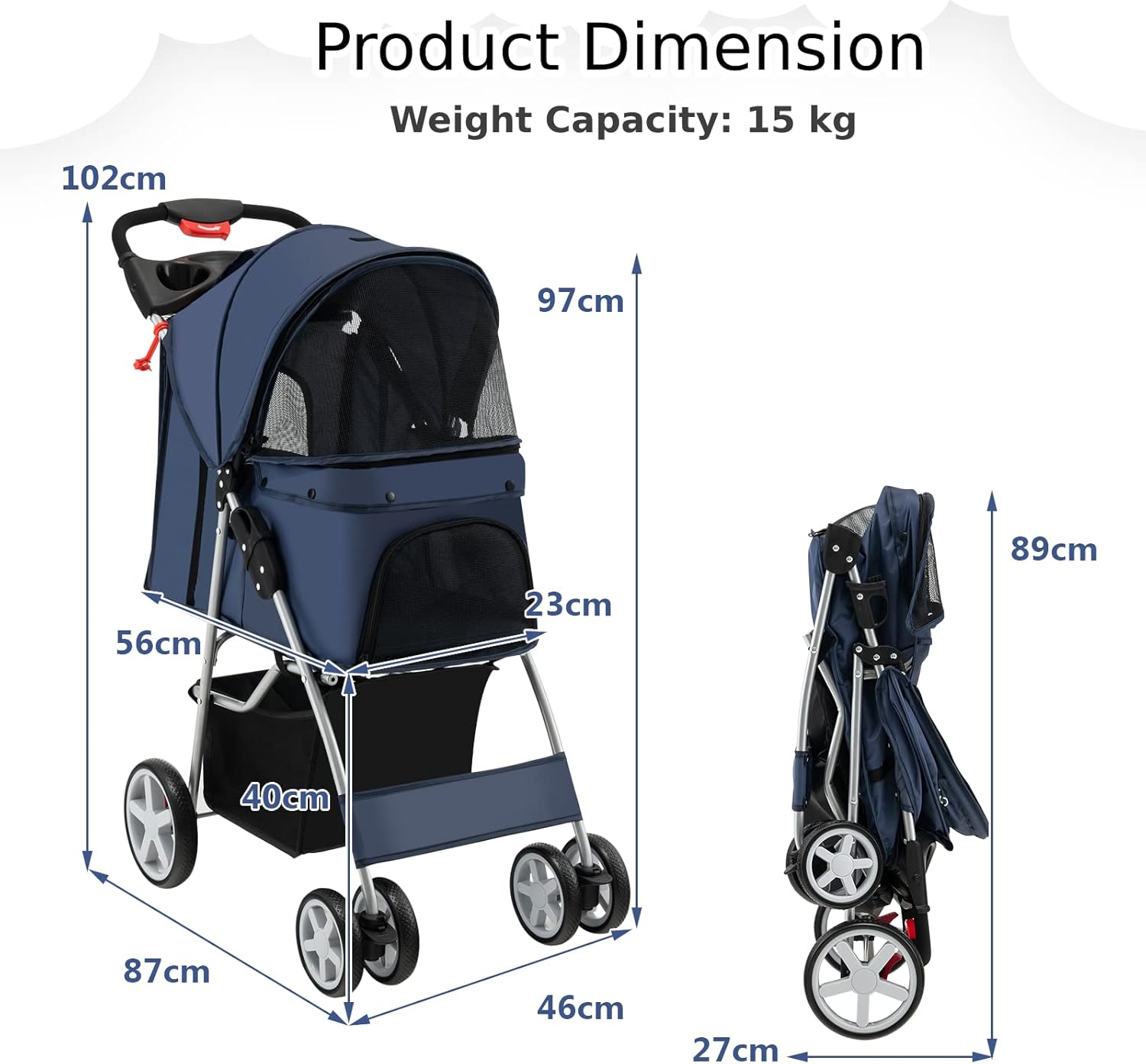 Maxmass Travel Pet Stroller, Foldable Small Medium Sized Dog Cat Trolley with Storage Basket, Safety Belt and Cup Holder, 4 Wheels Puppy Pushchair (Blue)-6