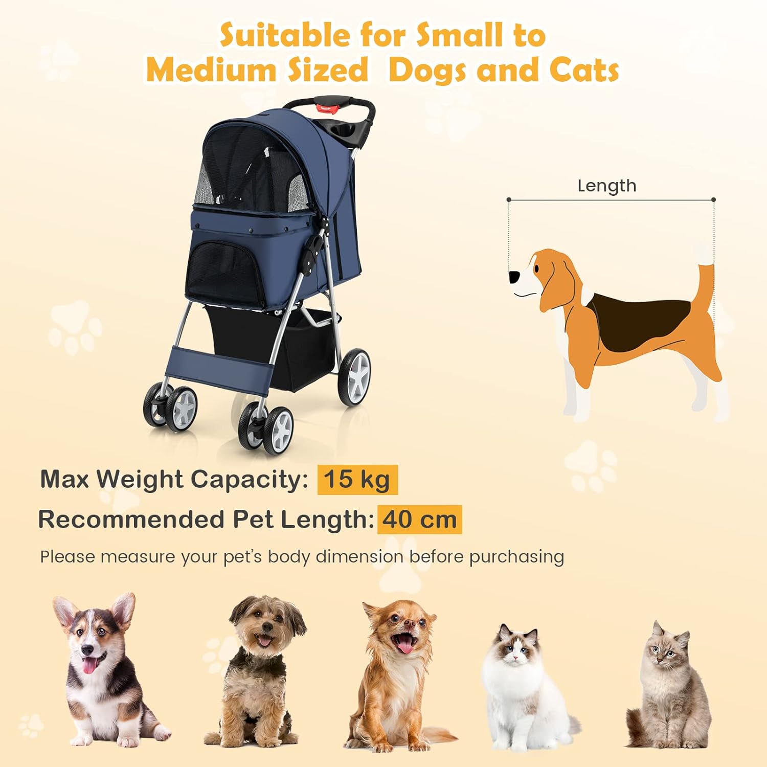 Maxmass Travel Pet Stroller, Foldable Small Medium Sized Dog Cat Trolley with Storage Basket, Safety Belt and Cup Holder, 4 Wheels Puppy Pushchair (Blue)-7