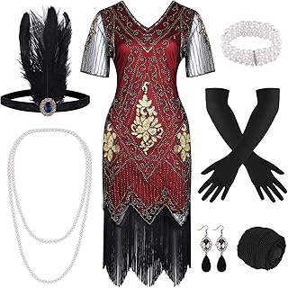 FEPITO 1920s V Neck Sequin Beaded Fringed Dress with 20s Accessories Set(Style 7