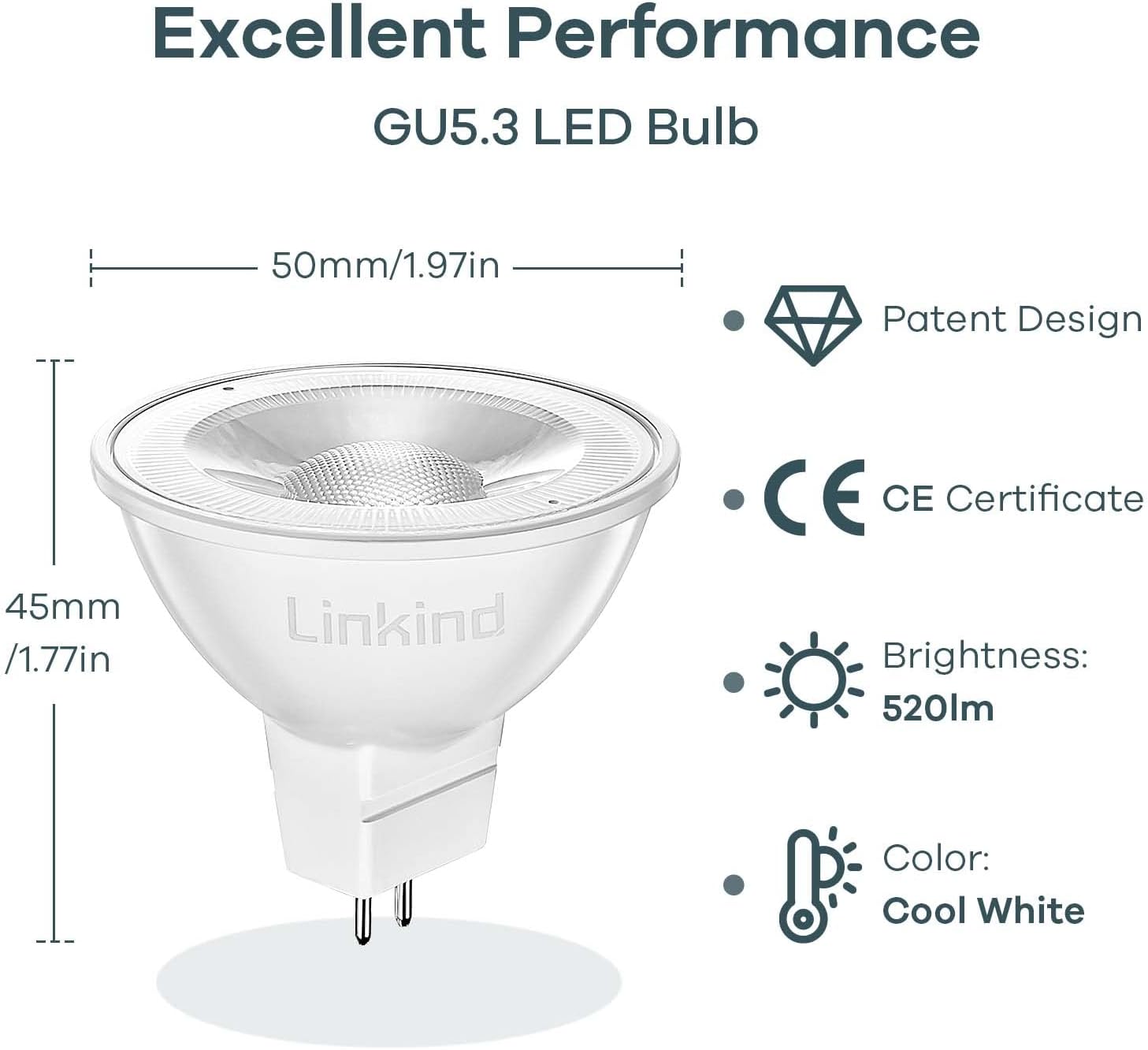 Linkind MR16 LED Bulbs, GU5.3 Light Bulbs,12V Bi-Pin Spotlight Bulb, 5 Watt (Equivalent to 50W),520 Lumen, Daylight 5000K, 36°Beam Angle, Non-dimmable, 5 Pack-1