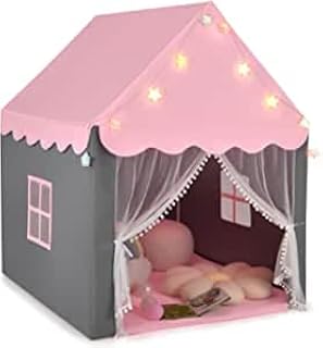 GYMAX Kids Tent, Fairy Play Castle with Washable Mat, Star Lights & Windows, Outdoor Indoor Children Playhouse Tents for Girls Boys Gift (Pink)