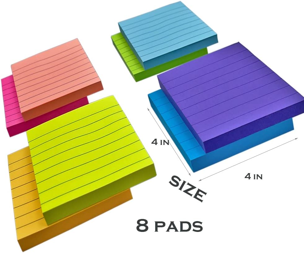 4 x 4 Inches Lined Sticky Notes for Post,8 Bright Colors Self-Stick Notes, 50 Sheets Per Pad, 8 Pads, 400 Sheets Total-2