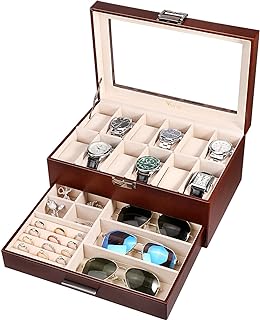 Voova Watch Boxes Organiser Jewellery Box for Men Women,2 Layer Large 12 Slot PU Leather Watch Storage Case,Glass Top Jewelry Display Holder for Watches Sunglasses Rings Necklaces Bracelets,Brown