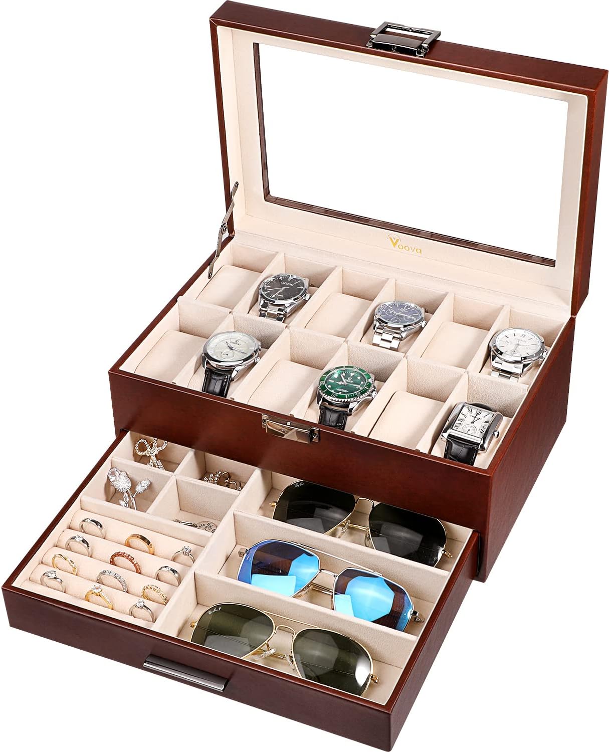 Voova Watch Boxes Organiser Jewellery Box for Men Women,2 Layer Large 12 Slot PU Leather Watch Storage Case,Glass Top Jewelry Display Holder for Watches Sunglasses Rings Necklaces Bracelets,Brown-0