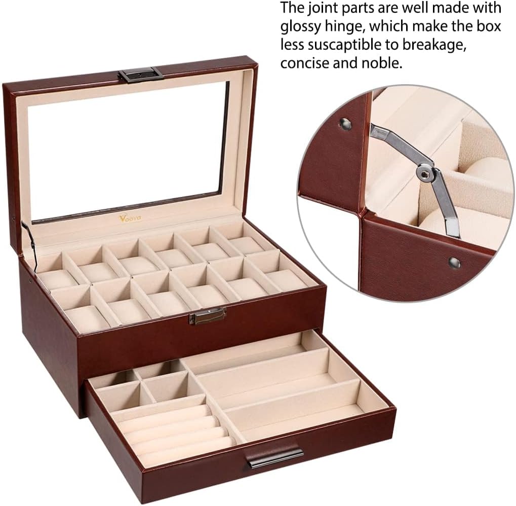 Voova Watch Boxes Organiser Jewellery Box for Men Women,2 Layer Large 12 Slot PU Leather Watch Storage Case,Glass Top Jewelry Display Holder for Watches Sunglasses Rings Necklaces Bracelets,Brown-5