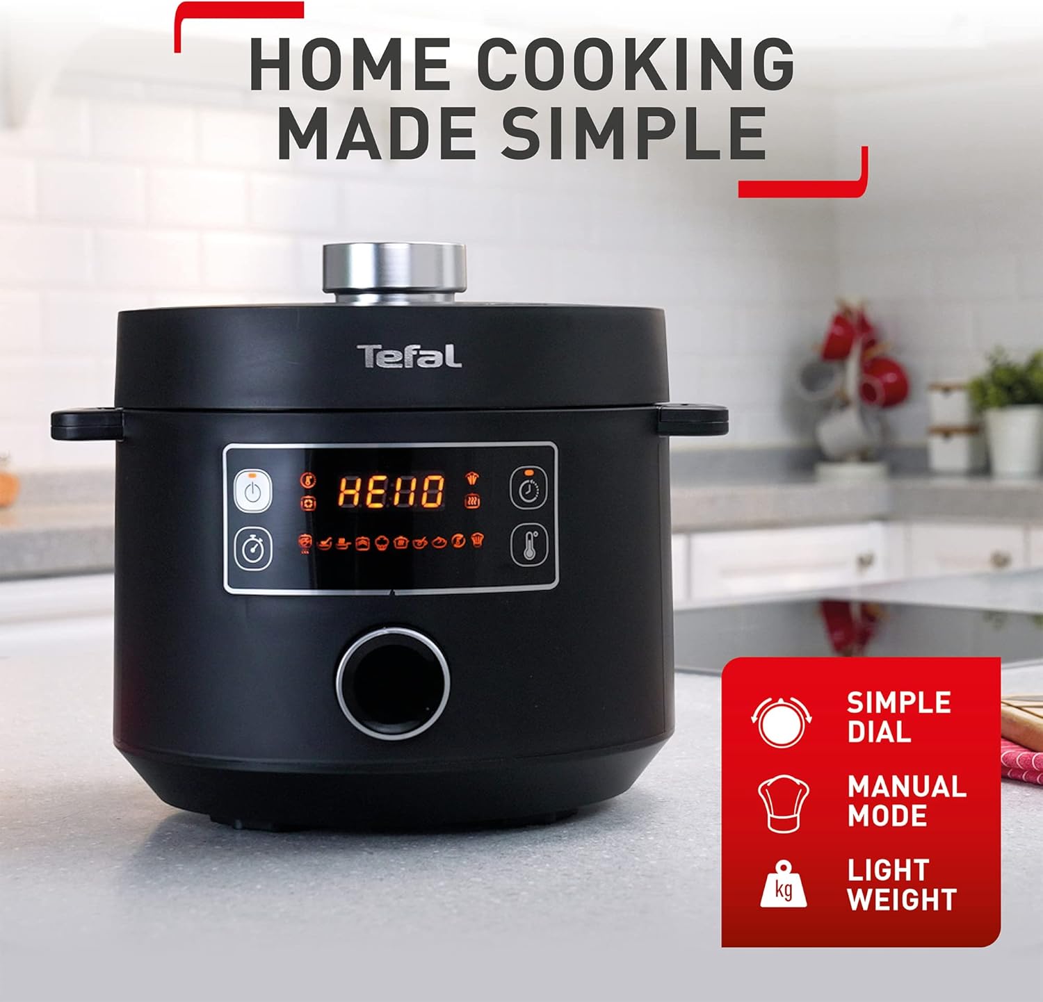 Tefal Turbo Cuisine Electric Pressure Cooker, 10 Programmes inc. stew, steam, bake, slow cooker, Rice cooker, 4.8L, 1000 W, Plastic, Black, CY754840-1