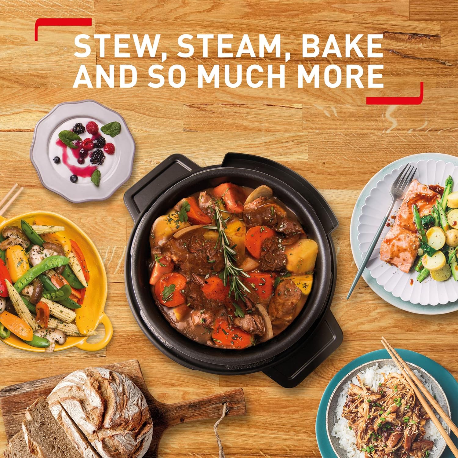 Tefal Turbo Cuisine Electric Pressure Cooker, 10 Programmes inc. stew, steam, bake, slow cooker, Rice cooker, 4.8L, 1000 W, Plastic, Black, CY754840-3