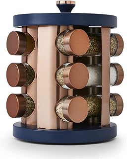 Tower T826022MNB Cavaletto 12 Jar Rotating Spice Rack with Pre-Filled Spices, Midnight Blue and Rose Gold