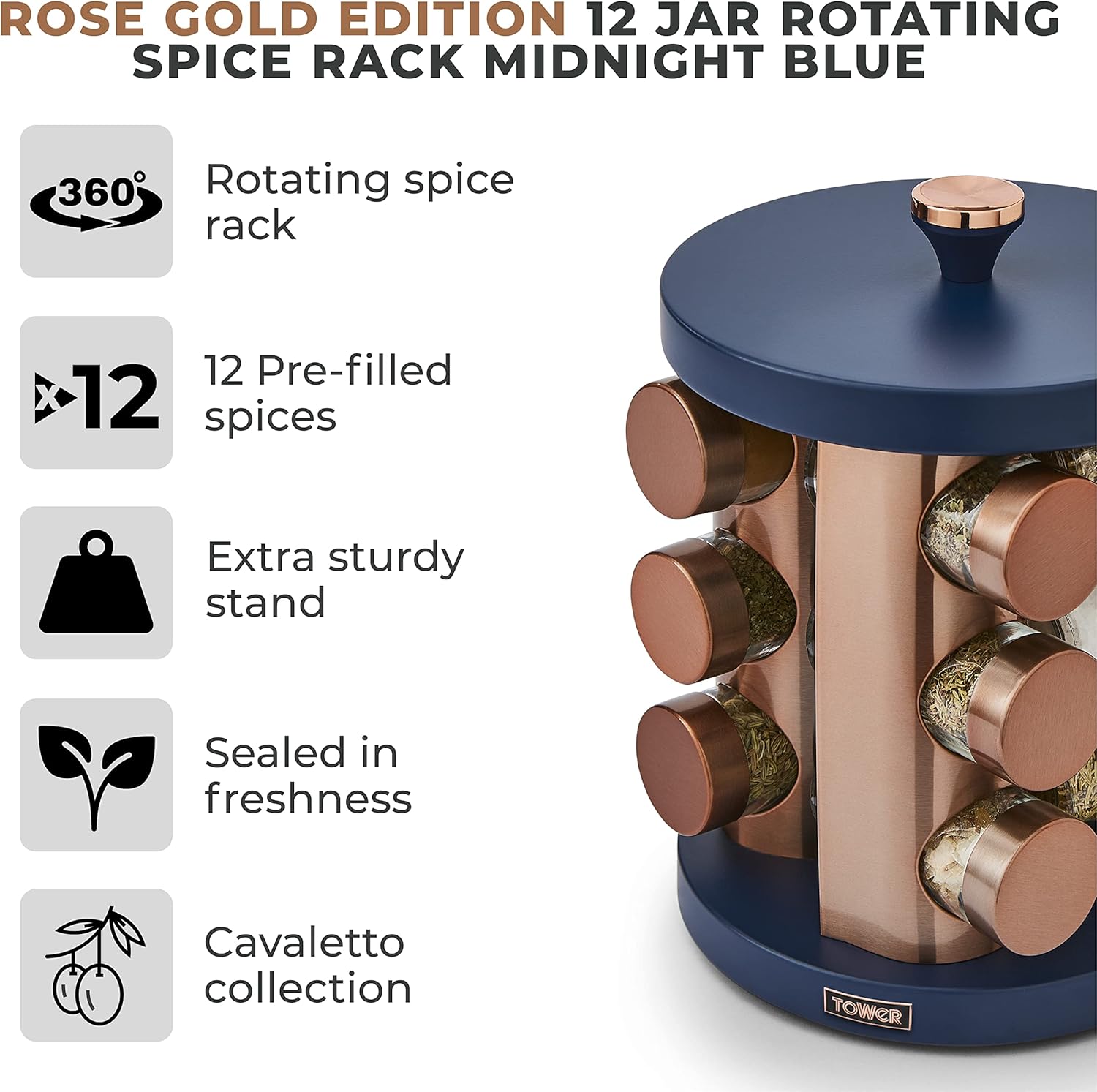 Tower T826022MNB Cavaletto 12 Jar Rotating Spice Rack with Pre-Filled Spices, Midnight Blue and Rose Gold-1