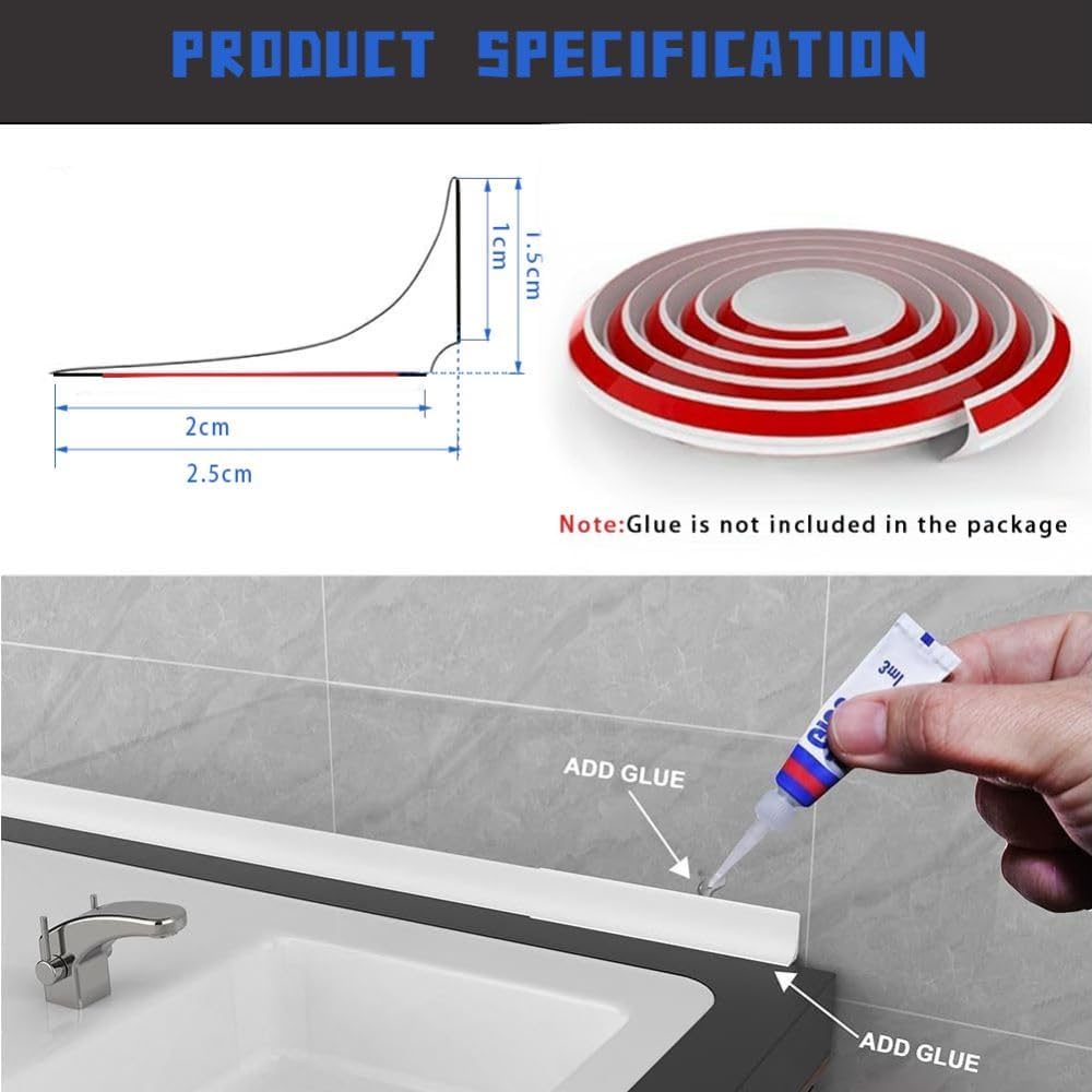 4M/157inch Shower Strip,Silicone Wet Room Floor Barrier,Bath Edging Sealing Strip,Bathroom Sink Bathtub Countertop Water Retaining Strip,White-1