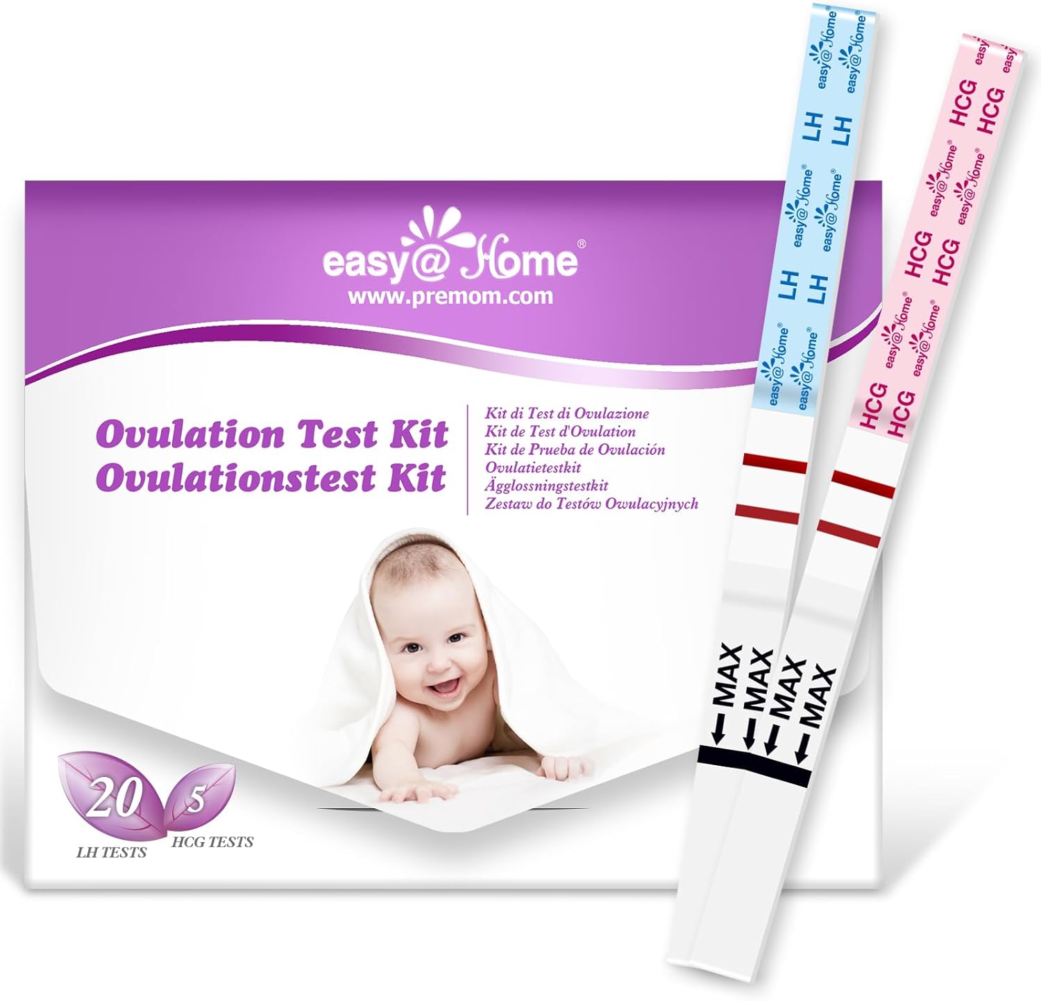 Ovulation Fertility Test Predictor Kit: Easy@Home 20 LH + 5 HCG Strips Accurate Fertility Test for Women Ovulation Monitor - Powered by Premom Ovulation Tracker App-0