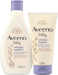 Aveeno Baby Calming Comfort Bedtime Set - Bath and Wash Plus Lotion, for Delicate Skin, with Gentle Lavender and Vanilla Scent, 250 ml, 150 ml