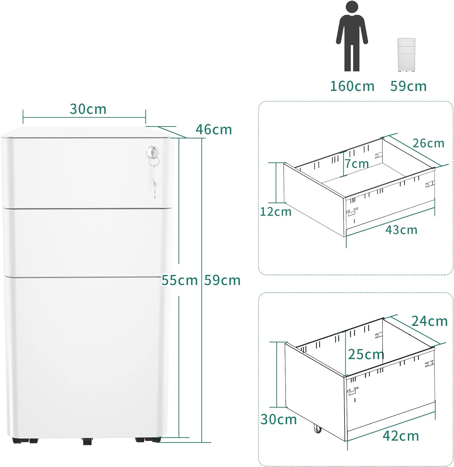 YITAHOME File Cabinet Metal with 3 Lockable Drawers, Mobile Filing Cabinet for Home Office, Under Desk File Office Drawers for Letter/Legal/A4, Fully Assembled, White, 30 x 46 x 59cm-2