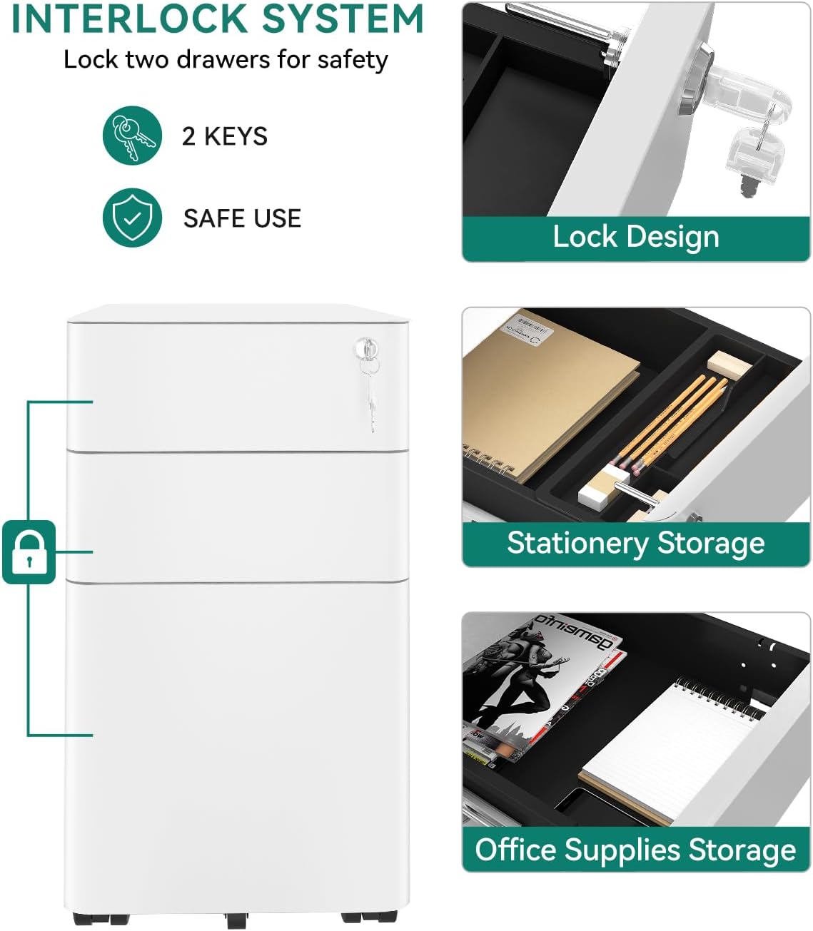 YITAHOME File Cabinet Metal with 3 Lockable Drawers, Mobile Filing Cabinet for Home Office, Under Desk File Office Drawers for Letter/Legal/A4, Fully Assembled, White, 30 x 46 x 59cm-5