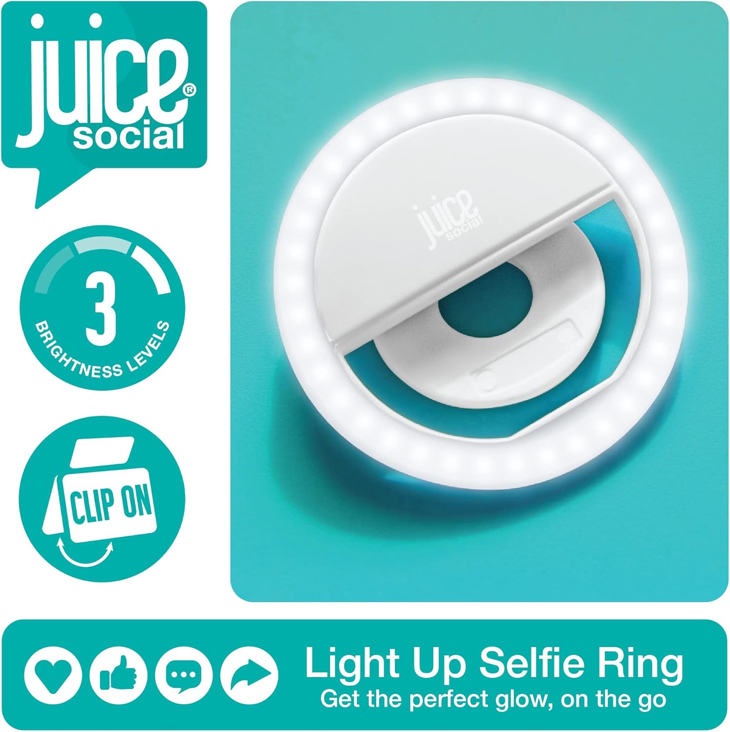 Juice Social | Clip-On Selfie Ring Light | 3 Brightness Levels | 36 LED Bulbs | Rechargeable For The Perfect Glow Everywhere | White-1