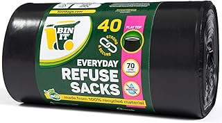 BIN IT 40 Everyday 70L Strong & Secure, Refuse Sacks, Bin Bags, Bin Liners, Flat Top, Recycled, Tear Resistant, 30 μm, Perfect for Everyday Use, Household, Office, Kitchen & Caterers