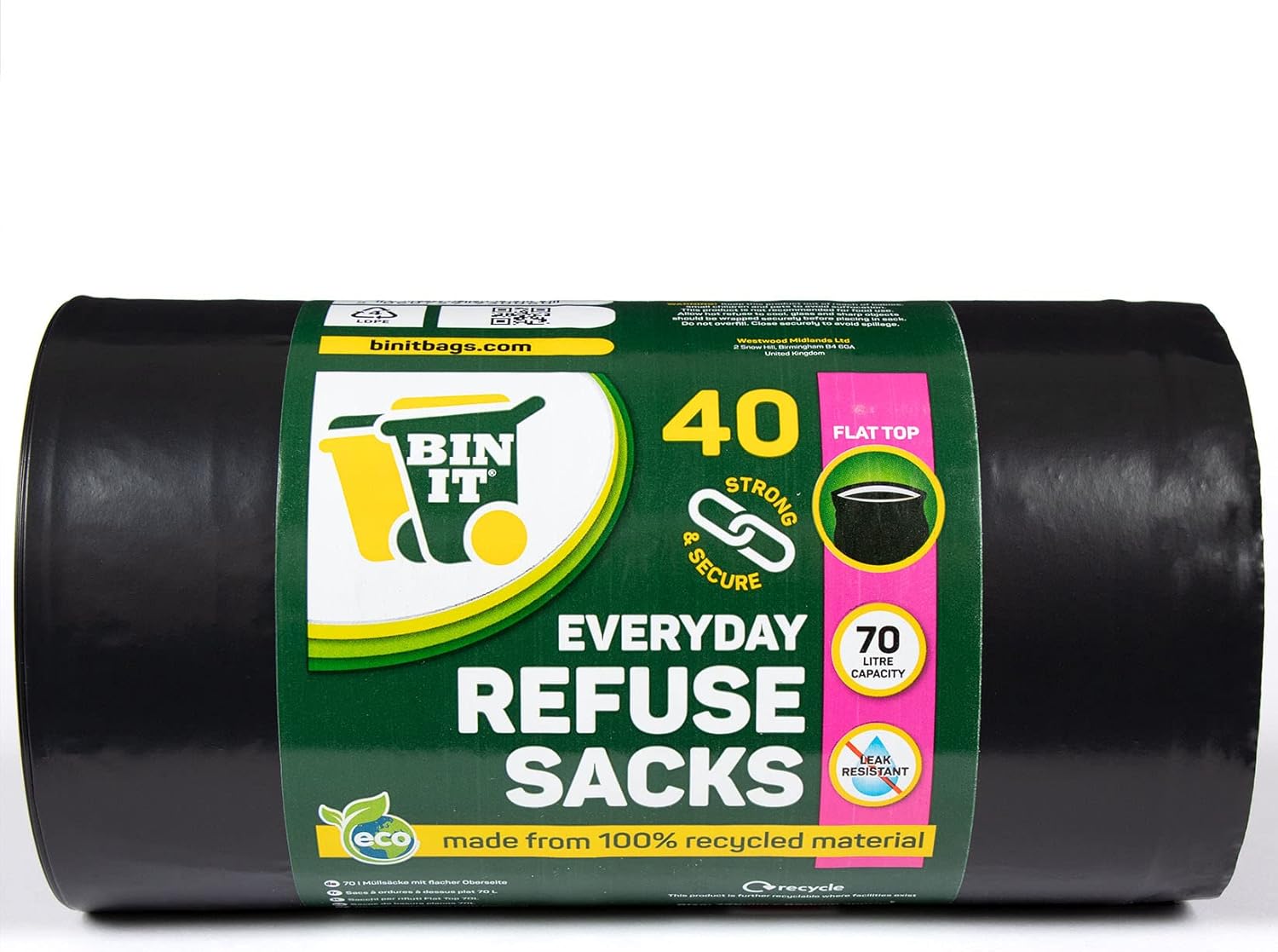 BIN IT 40 Everyday 70L Strong & Secure, Refuse Sacks, Bin Bags, Bin Liners, Flat Top, Recycled, Tear Resistant, 30 μm, Perfect for Everyday Use, Household, Office, Kitchen & Caterers-2