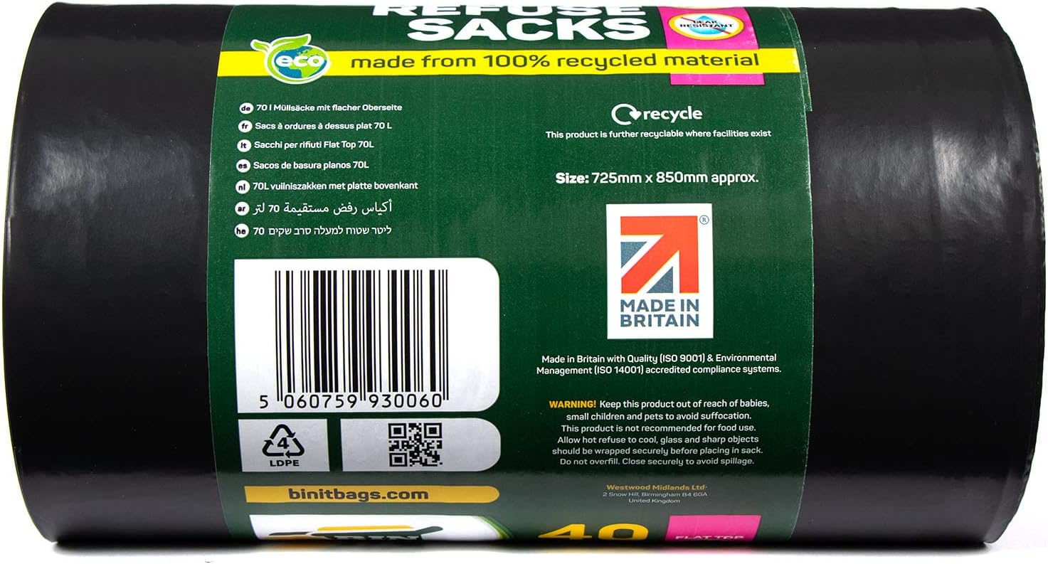 BIN IT 40 Everyday 70L Strong & Secure, Refuse Sacks, Bin Bags, Bin Liners, Flat Top, Recycled, Tear Resistant, 30 μm, Perfect for Everyday Use, Household, Office, Kitchen & Caterers-3