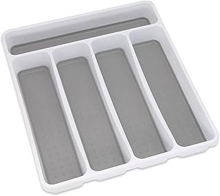 Addis Premium Soft touch 5 Compartment kitchen Cutlery Drawer Utensil Organiser Tray, White & Grey new 5 Sections