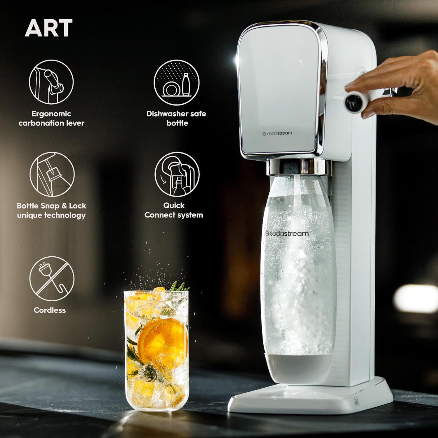 SodaStream Art Sparkling Water Maker, Sparkling Water Machine & 1 L Fizzy Water Bottle, Retro Drinks Maker w. BPA-Free Water Bottle & 60 L Co2 Gas, Safe Home Carbonated Water & Quick Connect - White-5