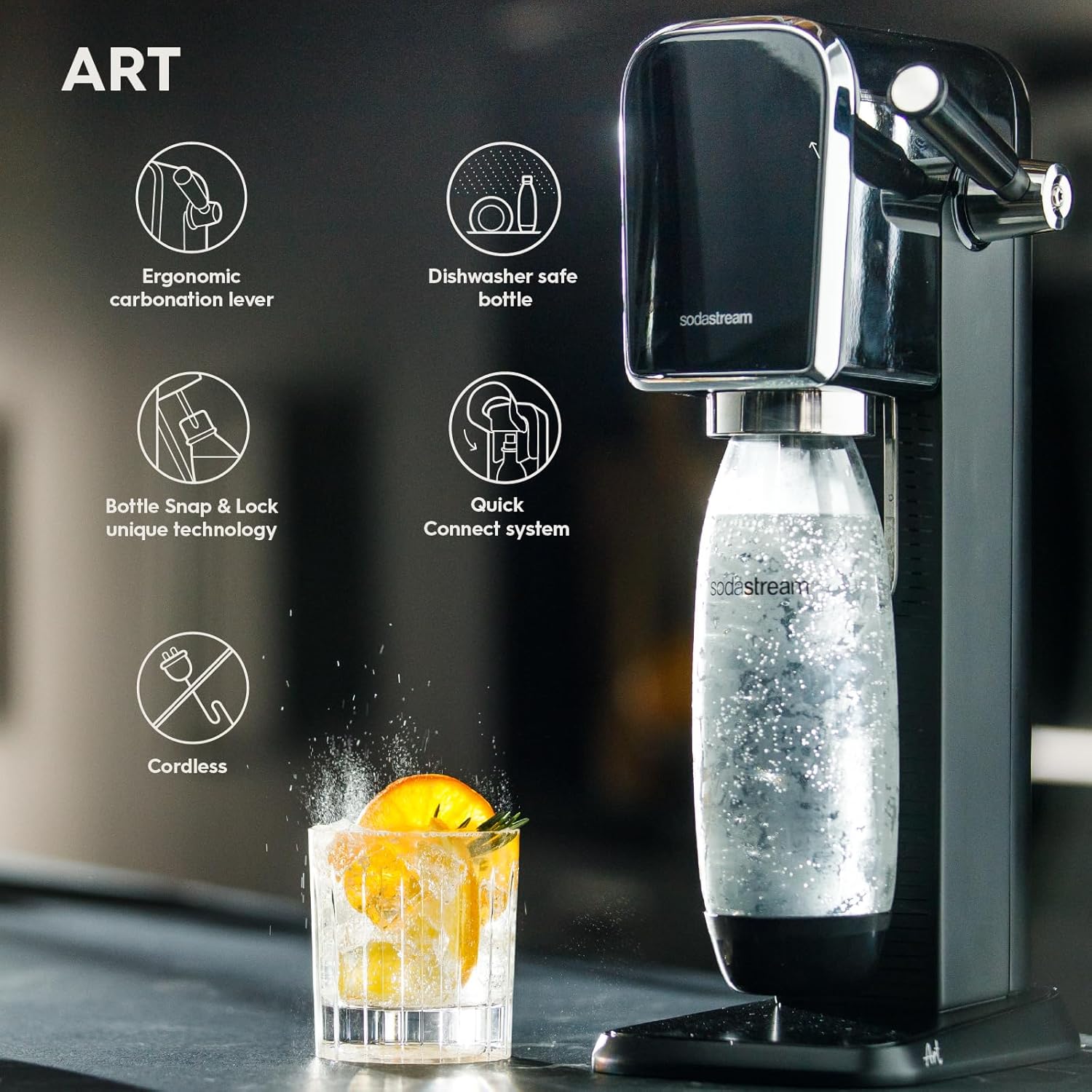 SodaStream Art Sparkling Water Maker, Sparkling Water Machine & 1 L Fizzy Water Bottle, Retro Drinks Maker w. BPA-Free Water Bottle & 60 L Co2 Gas, Safe Home Carbonated Water & Quick Connect - Black-5