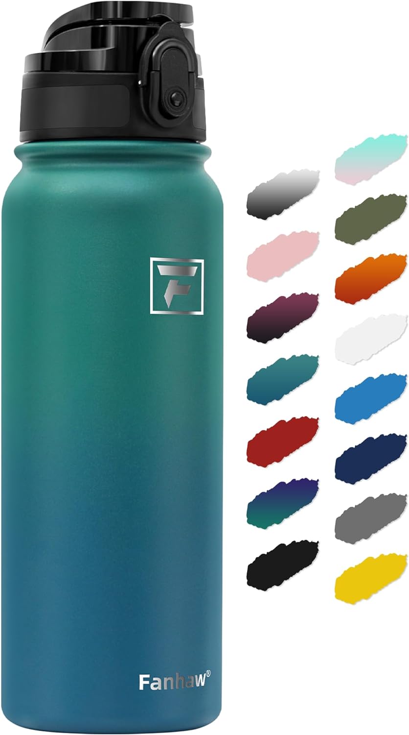 Fanhaw 600 ml Insulated Stainless Steel Water Bottle with 1 Lid (Chug Lid) - for Kids, Women, Men | Leak & Sweat Proof with Anti-Dust Lid (Green Blue)-0