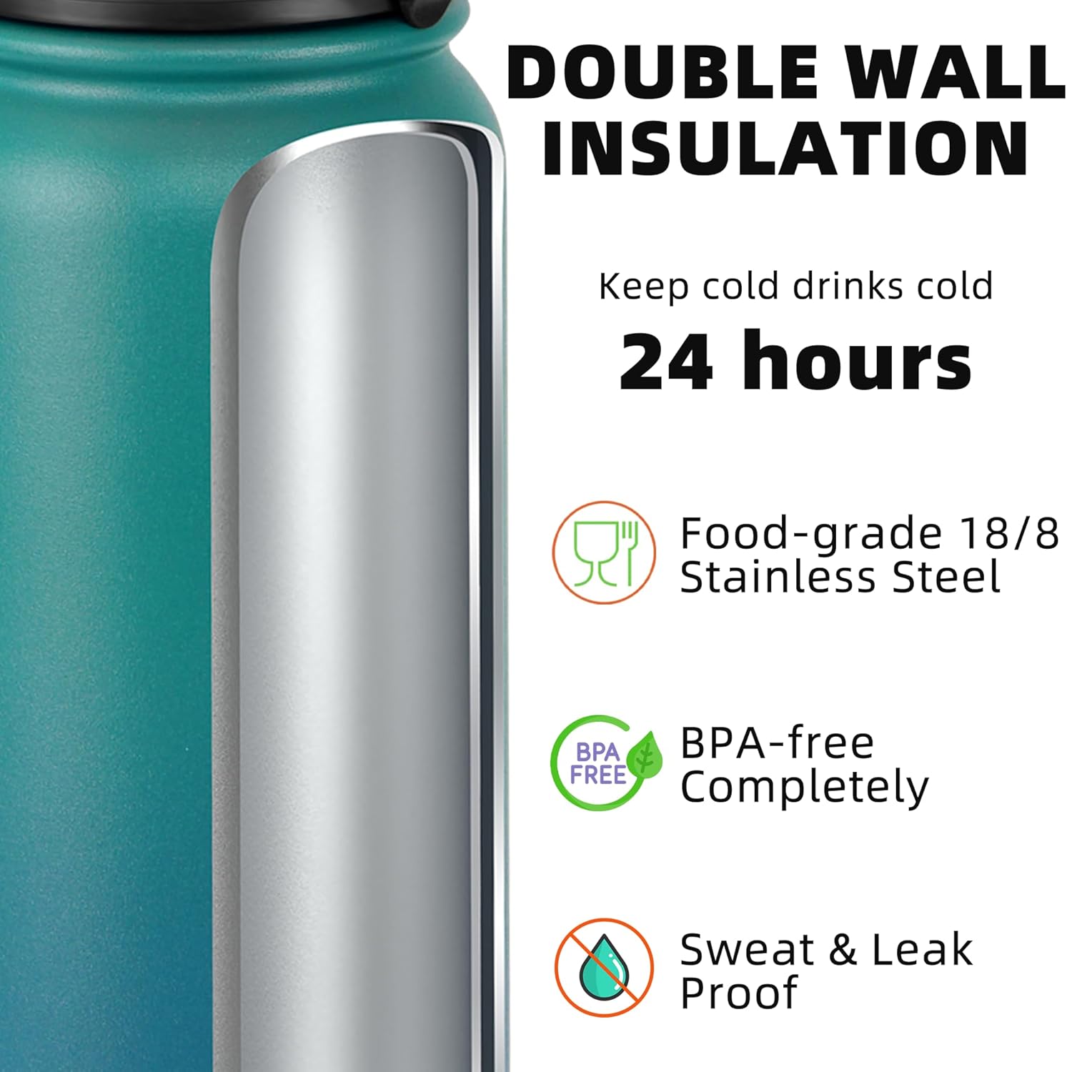 Fanhaw 600 ml Insulated Stainless Steel Water Bottle with 1 Lid (Chug Lid) - for Kids, Women, Men | Leak & Sweat Proof with Anti-Dust Lid (Green Blue)-2