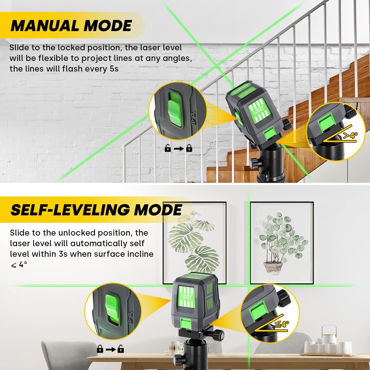 Enventor Laser Level, 25M/82ft Green Beam Cross Line Laser Level, Laser Levels Self Leveling with 2 Lines Horizontal/Vertical, 2 Mode Manual/Self-Leveling, IP54, 360° Magnetic Bracket, 2 xAA Batteries-4