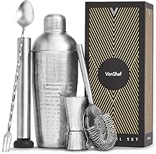 VonShef Cocktail Shaker Set, Silver 5pc Set with 750ml Hammered Manhattan Cocktail Shaker, Professional Bartender Set for Home Bar, Including Strainer, Jigger & Other Bar Accessories Inside Gift Box