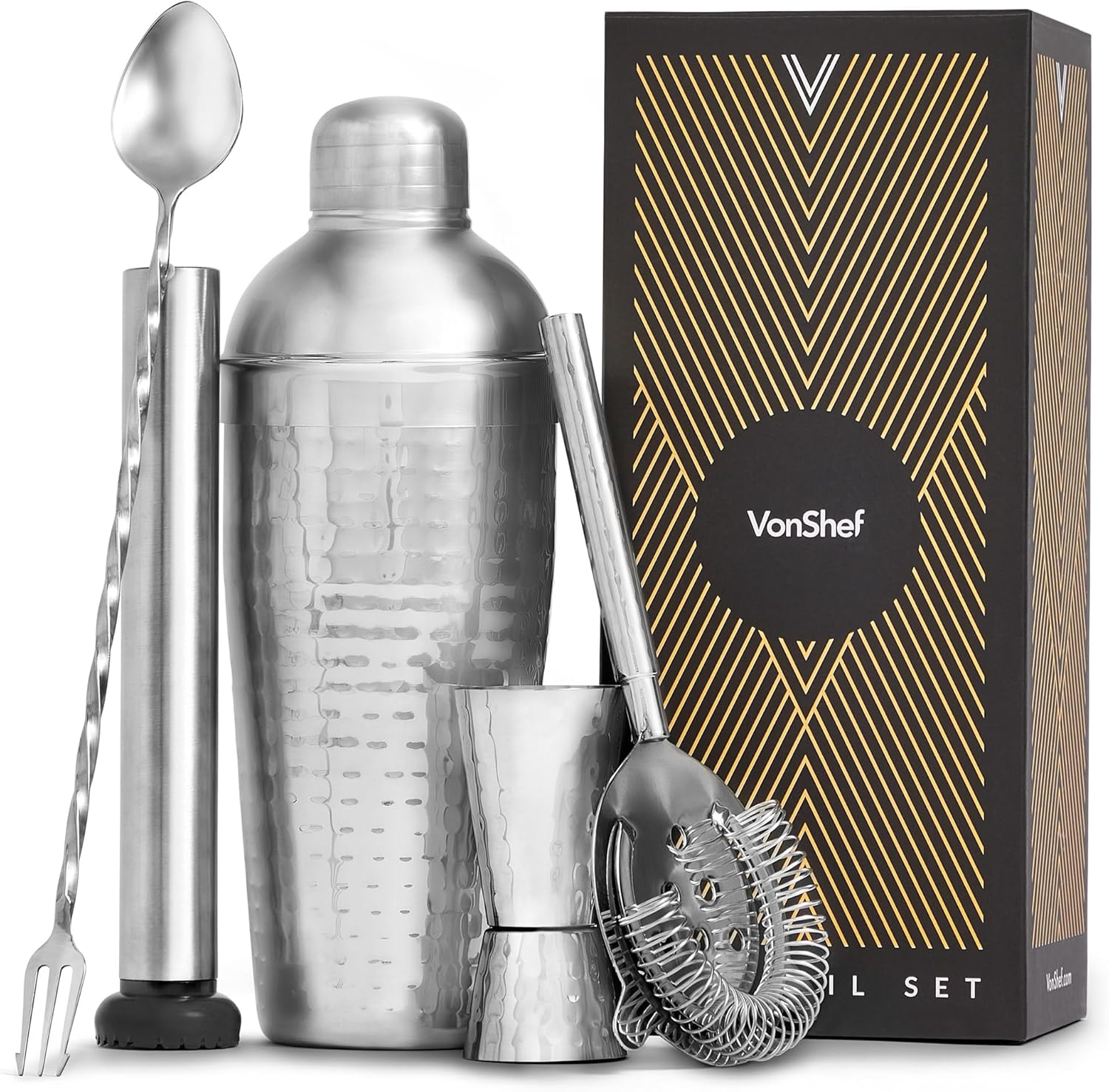 VonShef Cocktail Shaker Set, Silver 5pc Set with 750ml Hammered Manhattan Cocktail Shaker, Professional Bartender Set for Home Bar, Including Strainer, Jigger & Other Bar Accessories Inside Gift Box-0